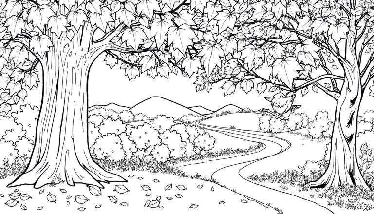 Page de coloriage d'automne avec des arbres et un chemin.