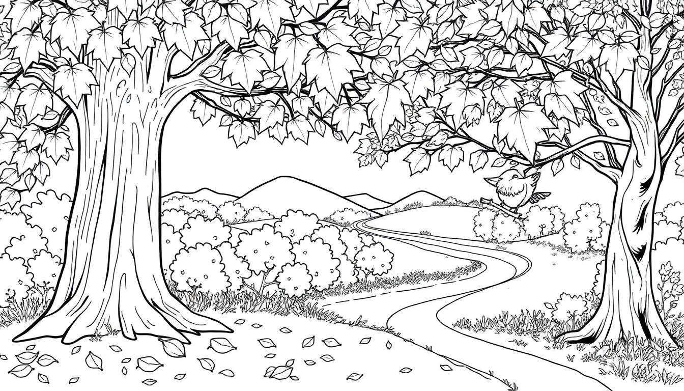 Page de coloriage d'automne avec des arbres et un chemin.