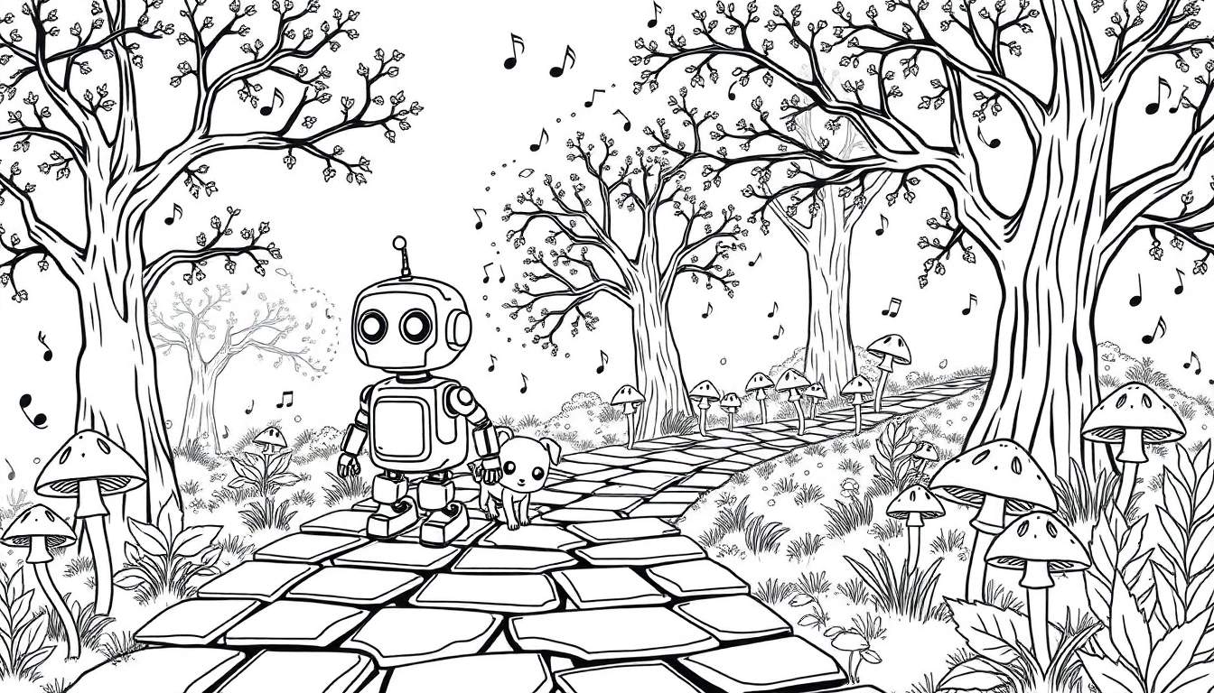 Un petit robot et son chien explorent une forêt enchantée.