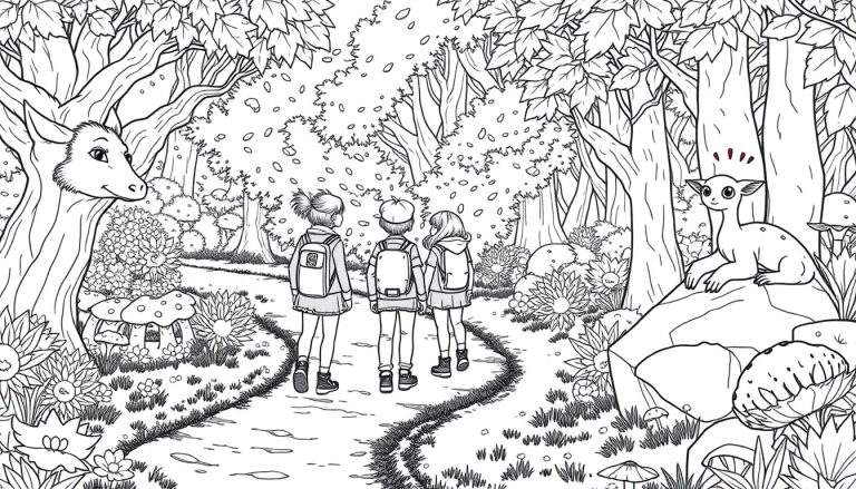 Trois enfants explorent une forêt enchantée, marchant sur un chemin bordé d'arbres avec des visages sculptés et de créatures assises sur des rochers. Ce color panel invite à l'imagination.
