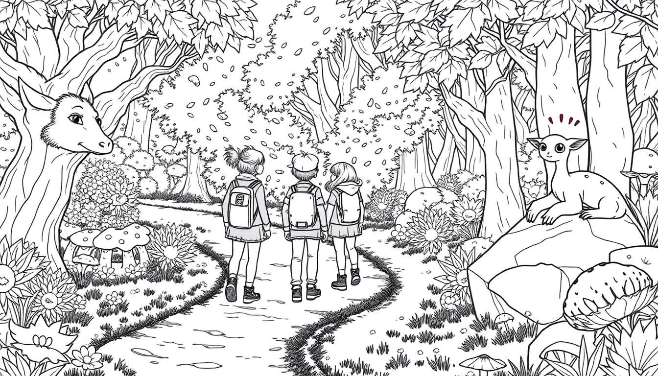 Trois enfants explorent une forêt enchantée, marchant sur un chemin bordé d'arbres avec des visages sculptés et de créatures assises sur des rochers. Ce color panel invite à l'imagination.