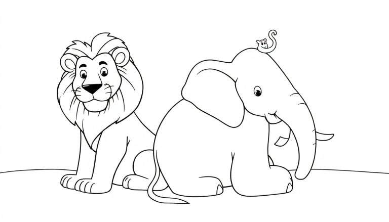 Dessin au trait d'un lion, d'un éléphant et d'un singe dans une savane.