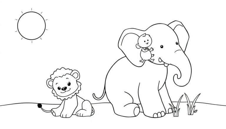 Un dessin au trait d'un lion assis, d'un éléphant avec un bébé dessus, et d'un soleil.