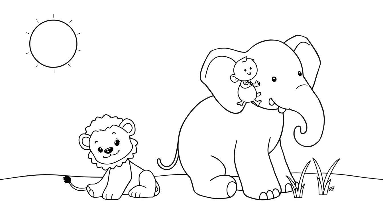 Un dessin au trait d'un lion assis, d'un éléphant avec un bébé dessus, et d'un soleil.
