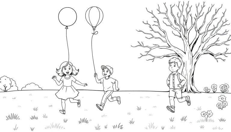 Trois enfants dessinés en noir et blanc courant dans un champ avec des ballons et un arbre.