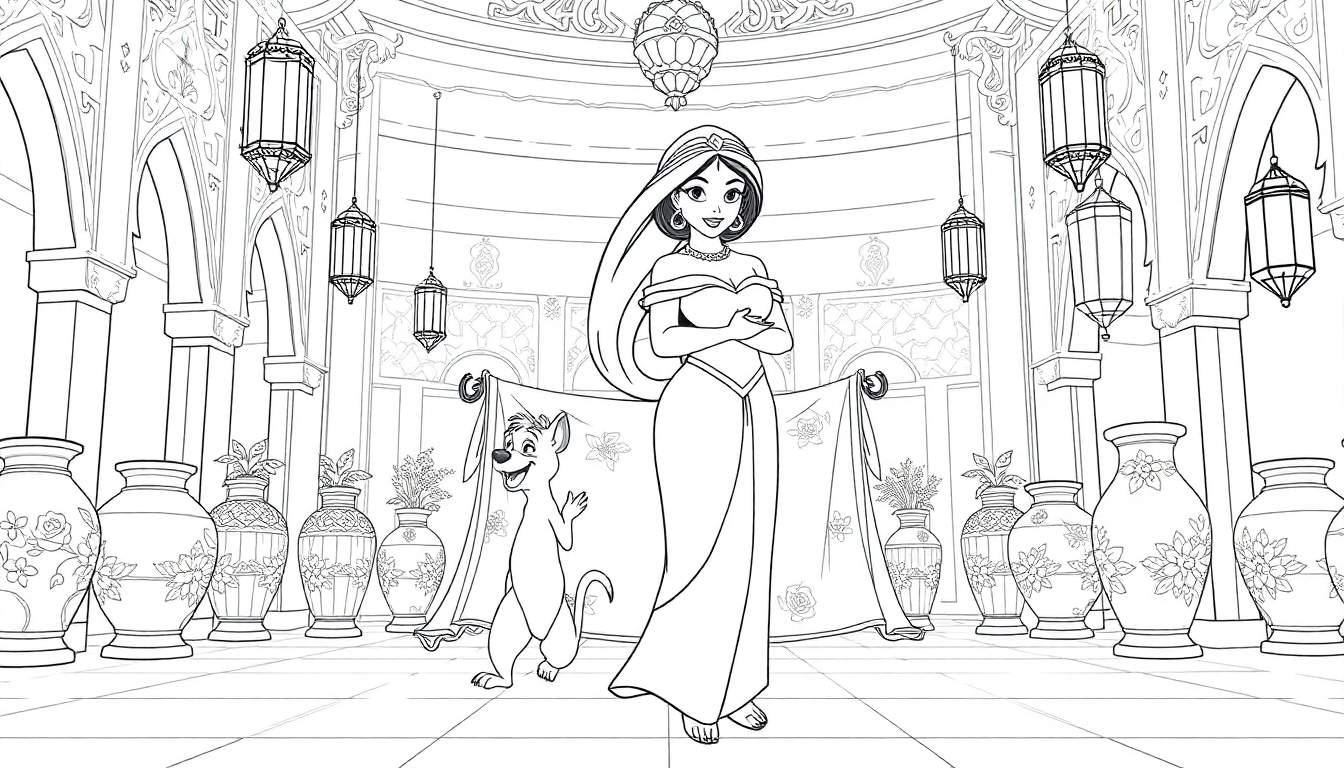Illustration au trait d'une jeune femme dans un palais oriental avec un chien, un tapis volant et des décorations.