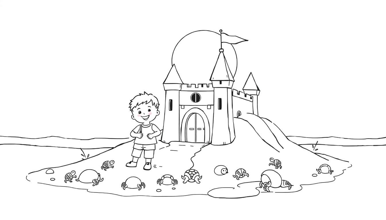 Un garçon dessiné en noir et blanc avec un sac à dos debout près d'un grand château de sable, entouré de petites tortues et de crabes, sur une plage.
