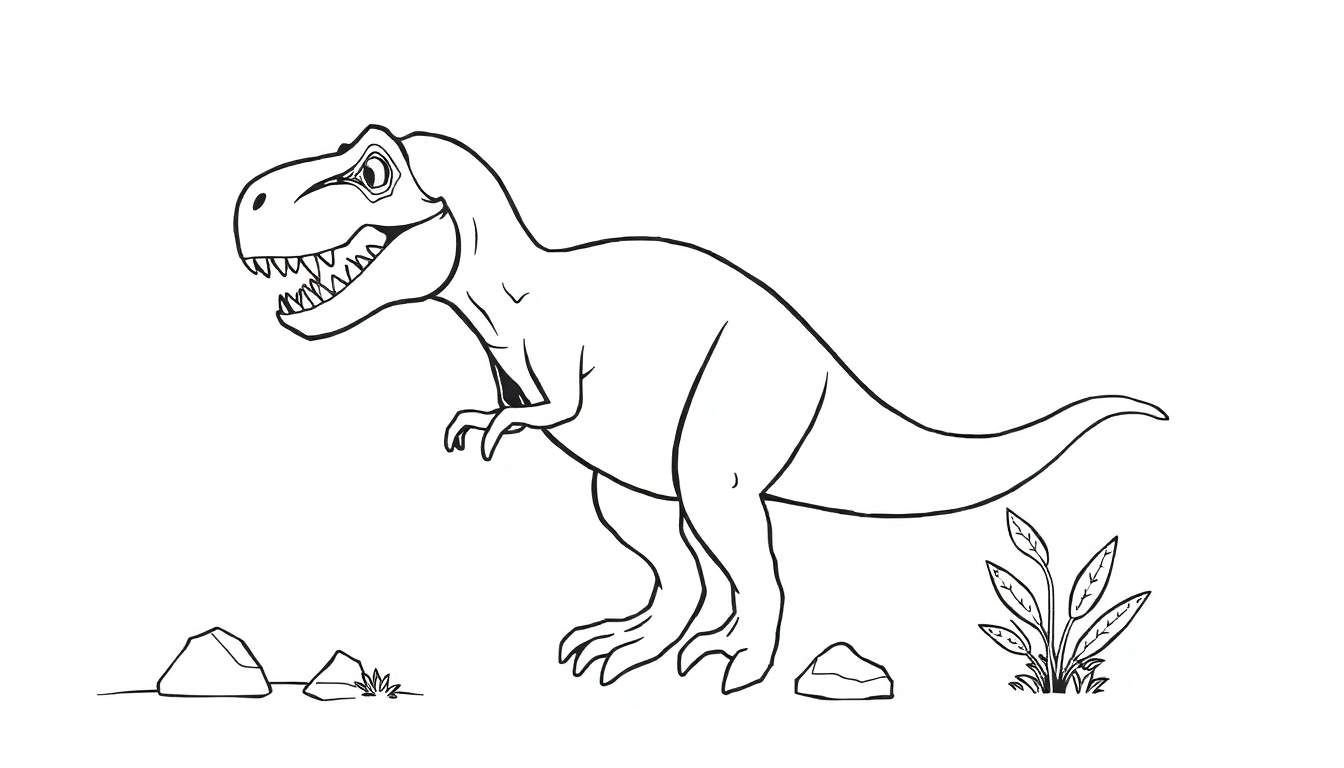 Dessin au trait d'un T-Rex dans un style de dessin animé.