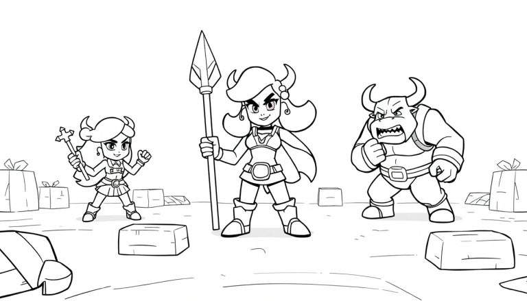 Illustration en noir et blanc de trois personnages de style dessin animé sur un terrain accidenté, une jeune femme avec un bâton étoilé, une autre avec une lance, et un minotaure en colère.
