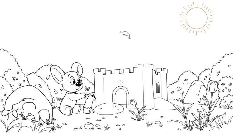 Dessin au trait noir et blanc d'une souris et d'un petit animal jouant dans un jardin avec un château, un soleil et des fleurs, parfait pour un color panel.