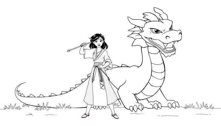 Une jeune femme en kimono tenant une baguette s'associe à un dragon imposant sur une pelouse, parfait pour une page à colorier.