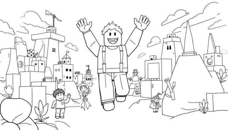 Un personnage joyeux de style Roblox avec des amis et un paysage de blocs de construction dans un color panel.