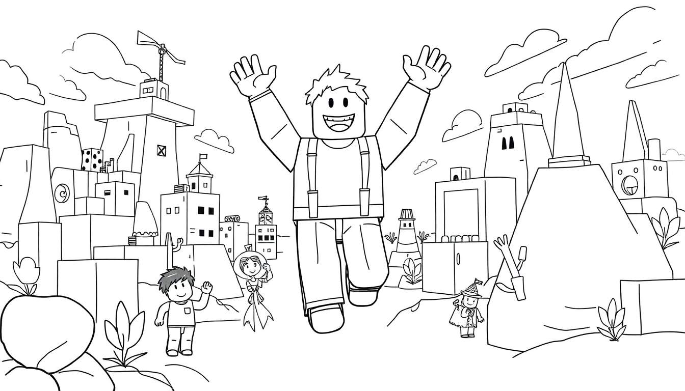 Un personnage joyeux de style Roblox avec des amis et un paysage de blocs de construction dans un color panel.