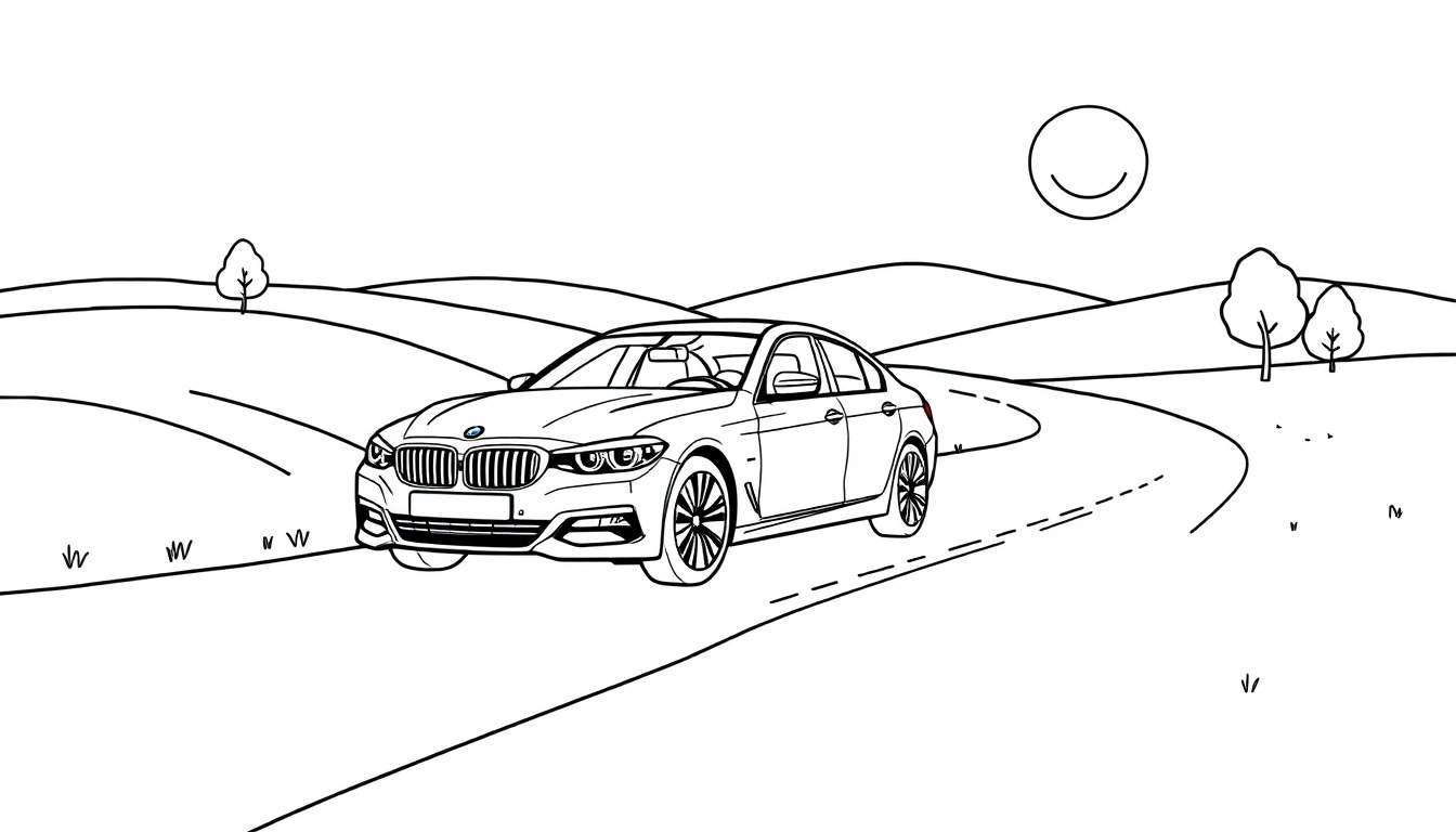 Dessin au trait noir et blanc d'une BMW sur une route sinueuse dans un paysage vallonné avec un soleil souriant, parfait pour un color panel.