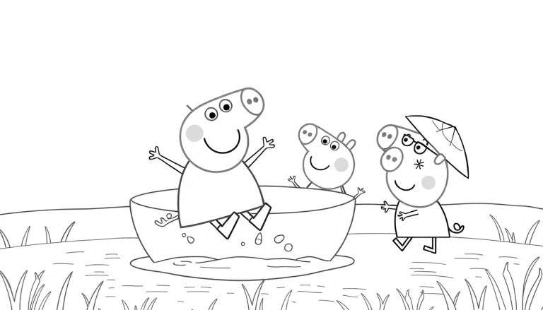 Peppa Pig et ses amis naviguent sur une rivière dans une petite barque, avec un parapluie.