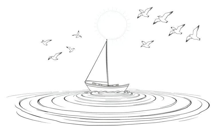 Illustration en noir et blanc d'un voilier sur une mer calme avec des mouettes dans le ciel.