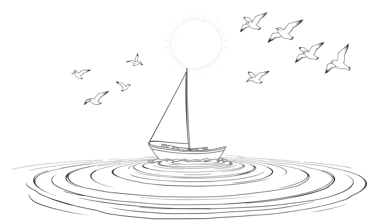 Illustration en noir et blanc d'un voilier sur une mer calme avec des mouettes dans le ciel.