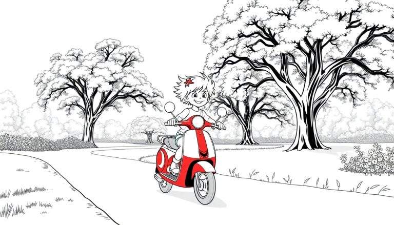 Une jeune fille souriante conduit un scooter rouge et blanc sur une route de campagne bordée d'arbres.