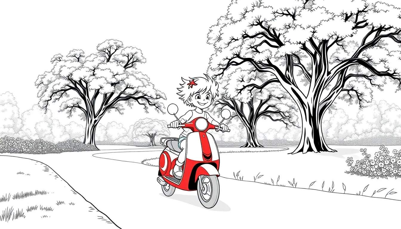 Une jeune fille souriante conduit un scooter rouge et blanc sur une route de campagne bordée d'arbres.