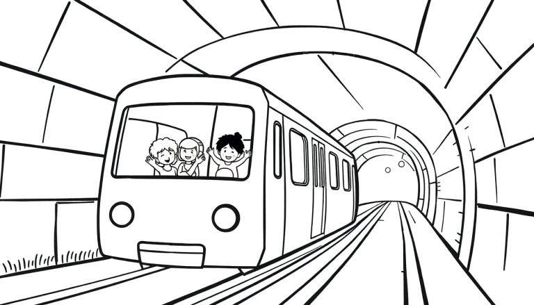 Dessin d'un train noir et blanc entrant dans un tunnel avec des enfants souriants à l'avant.