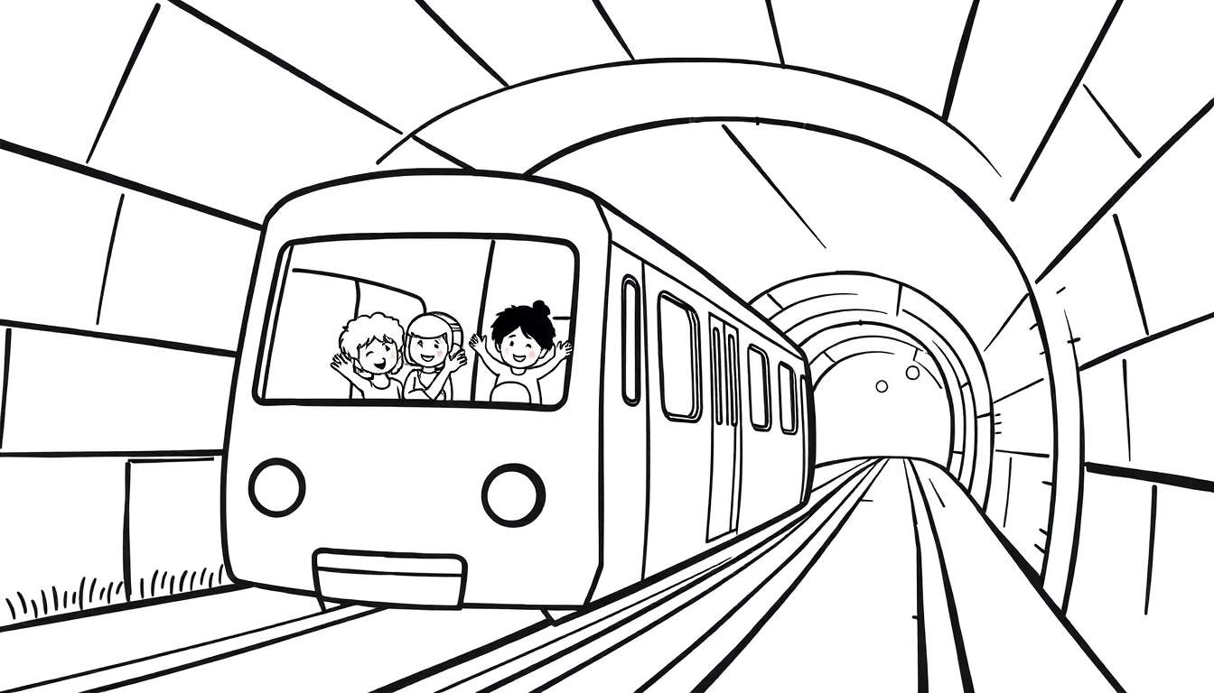 Dessin d'un train noir et blanc entrant dans un tunnel avec des enfants souriants à l'avant.