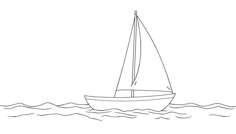Dessin au trait d'un voilier avec une voile blanche, navigant sur l'eau avec des lignes ondulées, un color panel minimaliste.