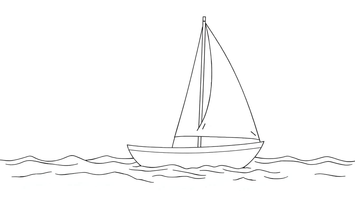 Dessin au trait d'un voilier avec une voile blanche, navigant sur l'eau avec des lignes ondulées, un color panel minimaliste.