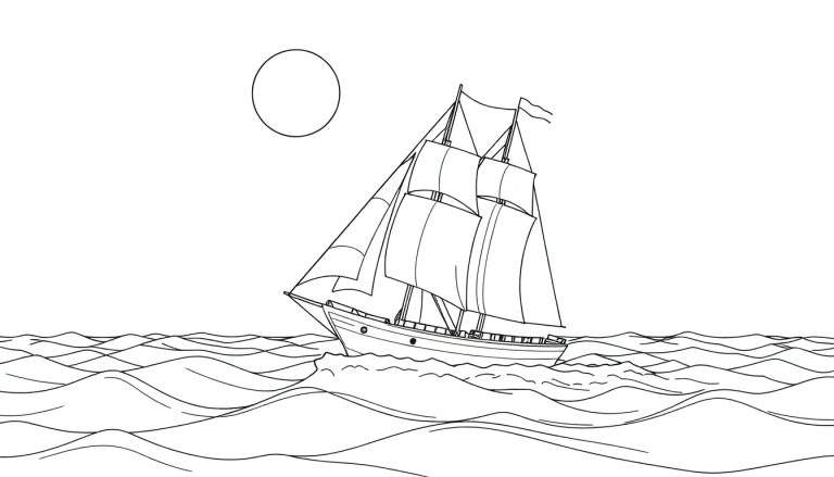 Dessin au trait d'un voilier avec des voiles, naviguant sur des vagues océaniques sous un ciel avec un cercle, avec un color panel.