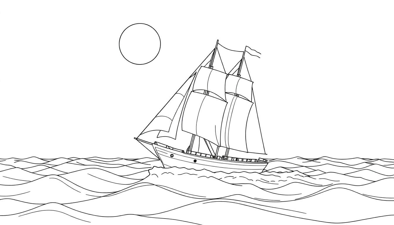 Dessin au trait d'un voilier avec des voiles, naviguant sur des vagues océaniques sous un ciel avec un cercle, avec un color panel.
