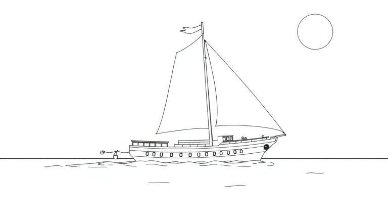Dessin au trait d'un voilier blanc avec une grande voile sur une mer calme et un soleil dans le ciel, conçu comme un color panel.