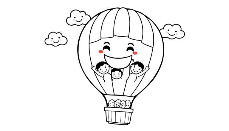Une montgolfière joyeuse dessinée au trait avec des nuages souriants et un panneau coloré pour enfants.