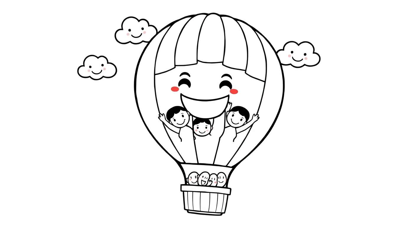 Une montgolfière joyeuse dessinée au trait avec des nuages souriants et un panneau coloré pour enfants.