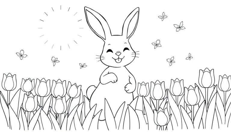 Un dessin au trait d'un lapin souriant au milieu d'un champ de tulipes colorées, avec des papillons dans le ciel et un soleil stylisé.