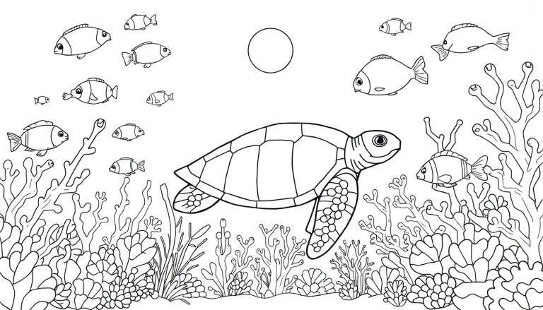 Une tortue de mer nageant dans un récif de corail coloré avec des poissons, une lumière solaire filtrante et des plantes marines, dessin au trait.