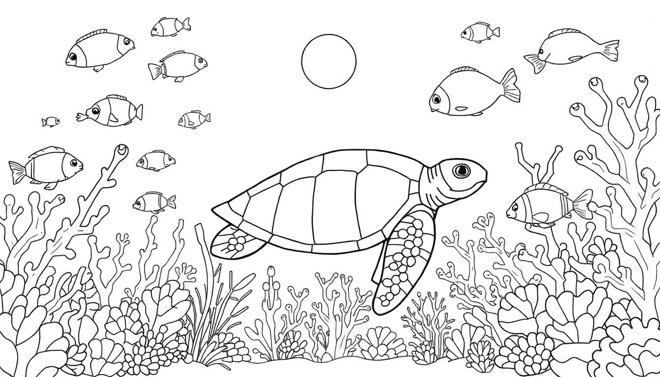 Une tortue de mer nageant dans un récif de corail coloré avec des poissons, une lumière solaire filtrante et des plantes marines, dessin au trait.