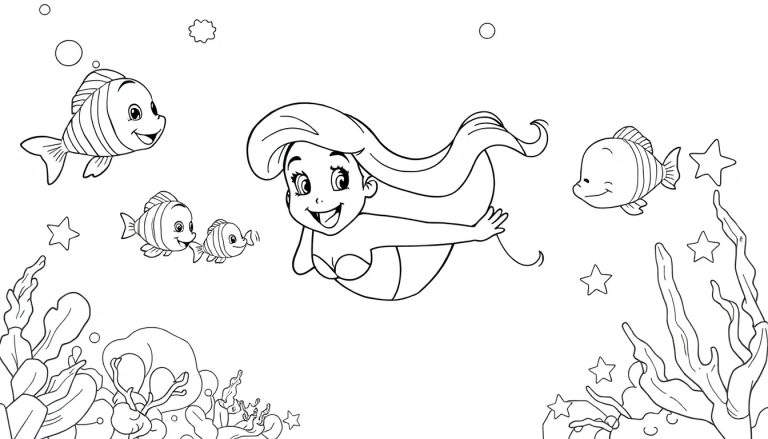 Une sirène souriante nage avec des poissons et des étoiles de mer dans un océan coloré, prêt pour le color panel.