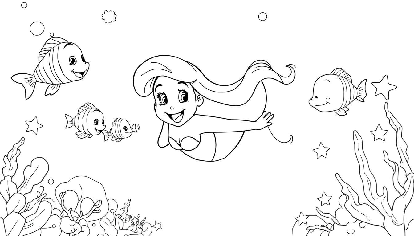 Une sirène souriante nage avec des poissons et des étoiles de mer dans un océan coloré, prêt pour le color panel.