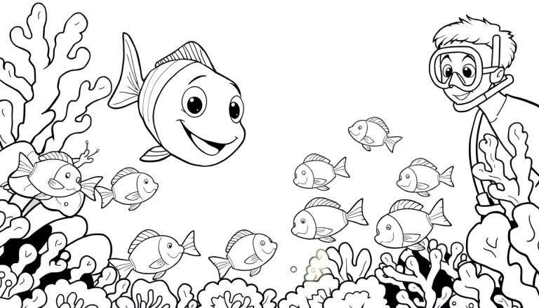 Un dessin au trait d'une scène sous-marine avec un plongeur souriant, des poissons colorés et des coraux. Le dessin est destiné à être colorié.