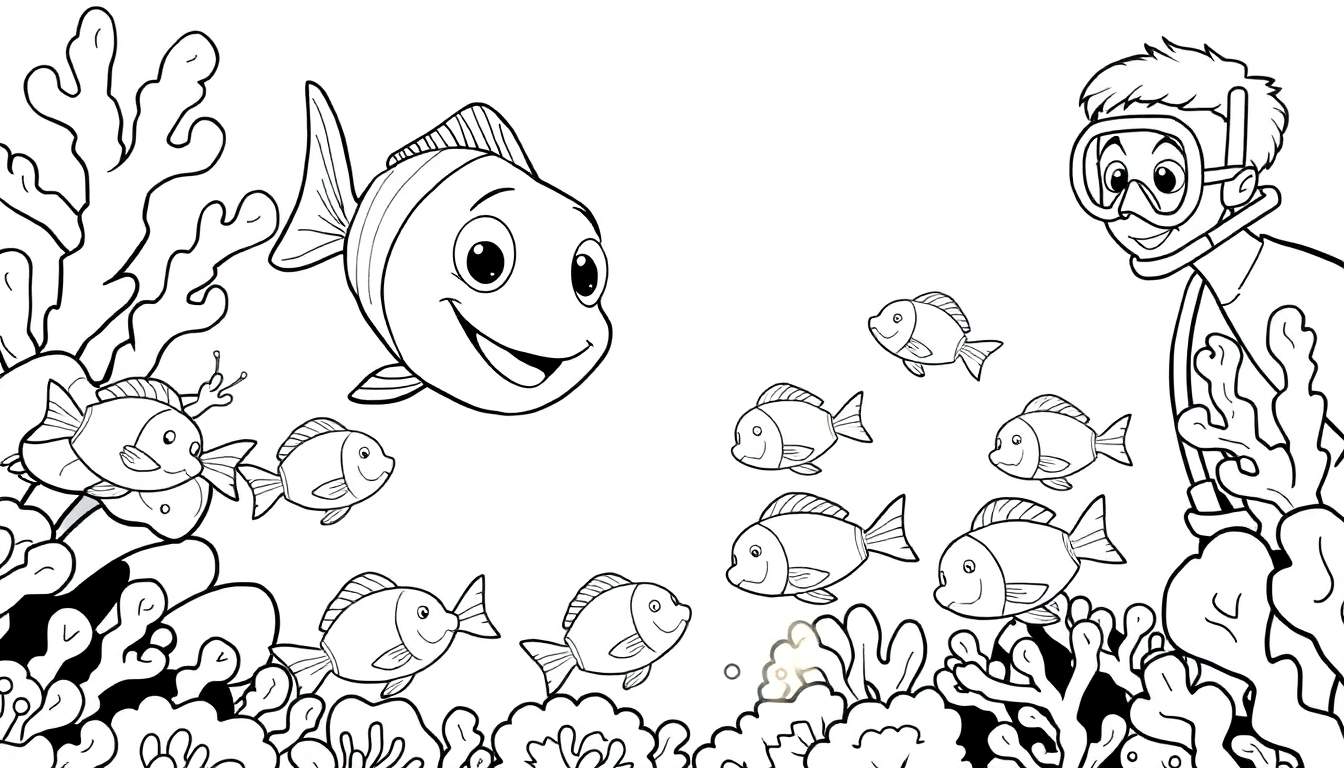Un dessin au trait d'une scène sous-marine avec un plongeur souriant, des poissons colorés et des coraux. Le dessin est destiné à être colorié.