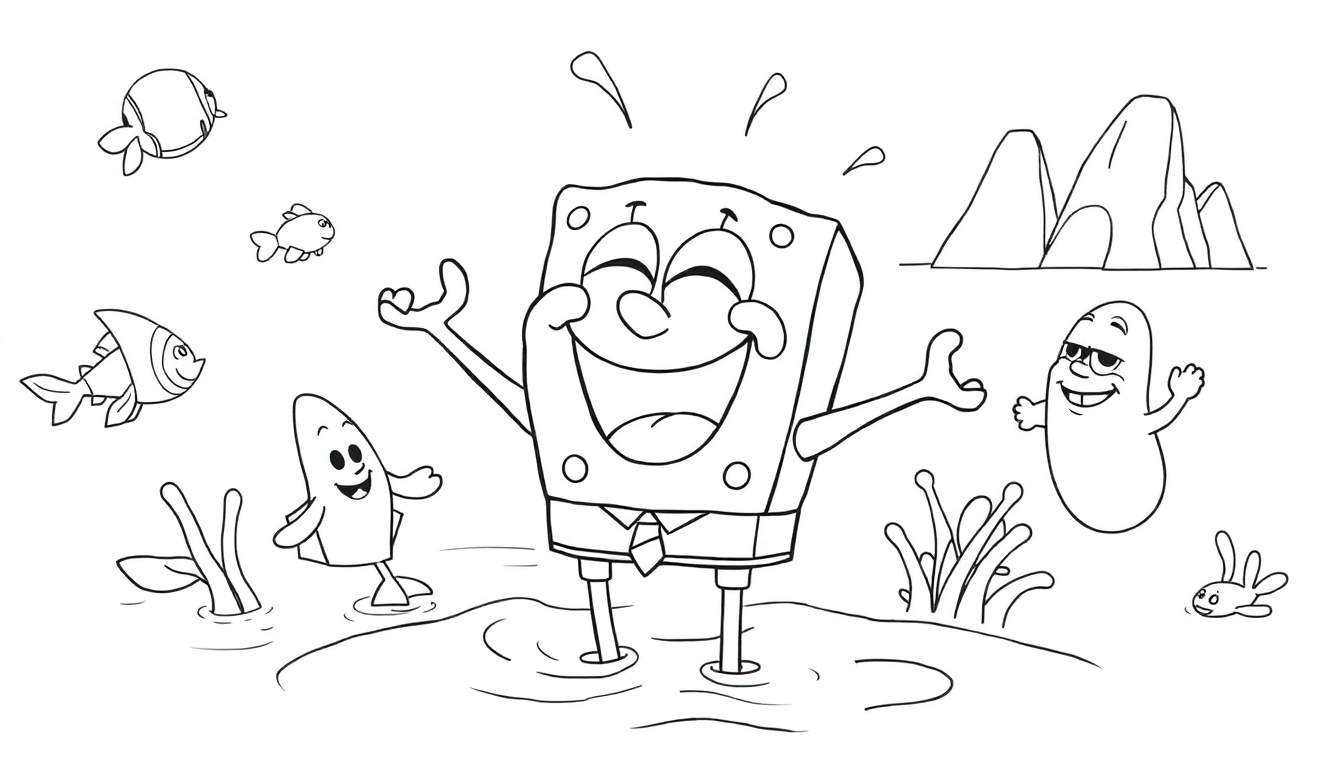 Bob l'éponge et ses amis dans un dessin au trait