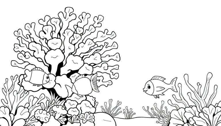 Dessin au trait d'un paysage sous-marin avec des coraux, des algues et des poissons.