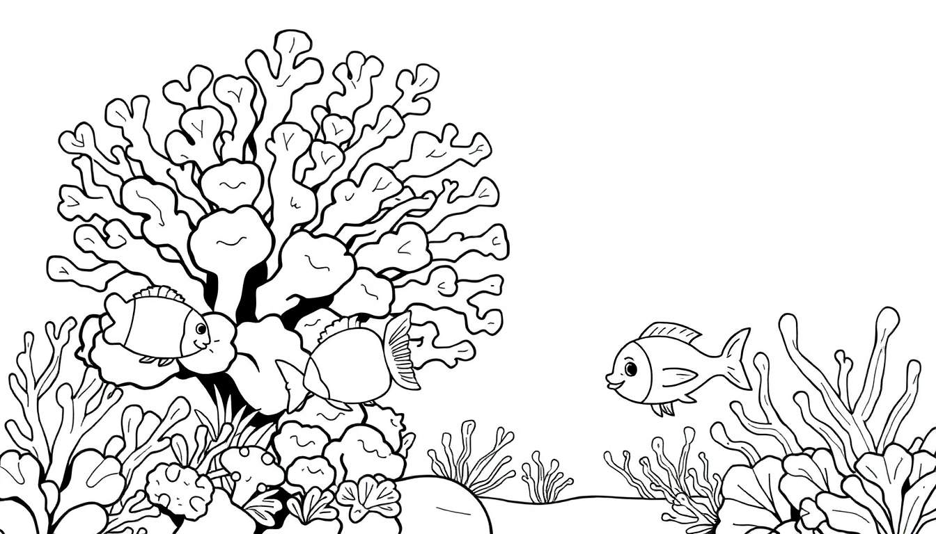 Dessin au trait d'un paysage sous-marin avec des coraux, des algues et des poissons.