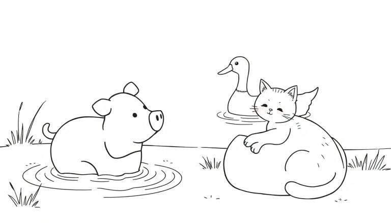 Un cochon rose joyeux dans la boue, un canard dans l'eau et un chat sur une botte de foin.