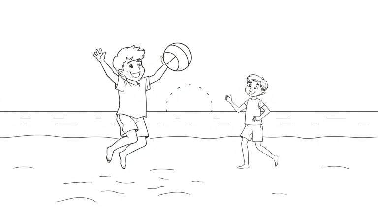 Dessin au trait noir et blanc de deux garçons jouant au ballon sur une plage, l'un sautant avec une balle, l'autre saluant.