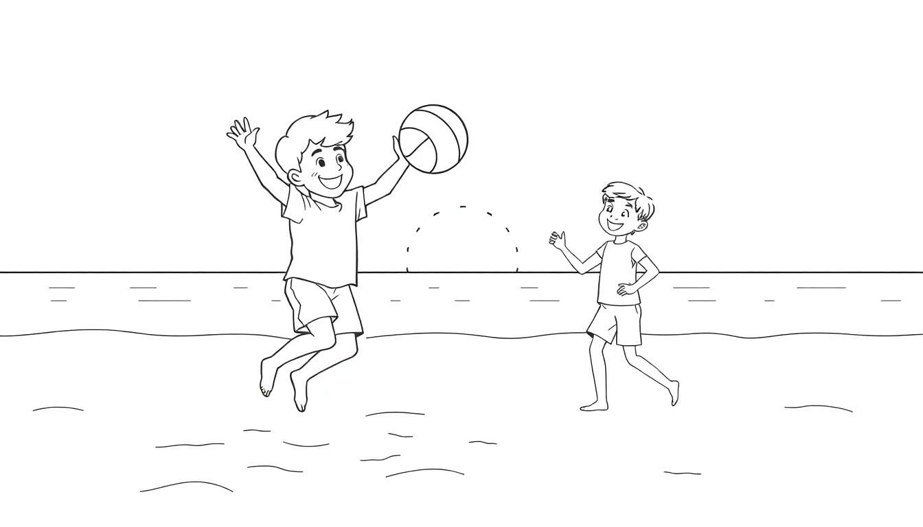 Dessin au trait noir et blanc de deux garçons jouant au ballon sur une plage, l'un sautant avec une balle, l'autre saluant.