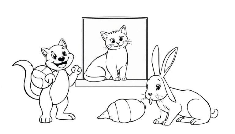 Un chat de dessin animé tenant un ballon, un autre chat assis dans une fenêtre et un lapin près d'une noisette, le tout sur un fond de color panel.