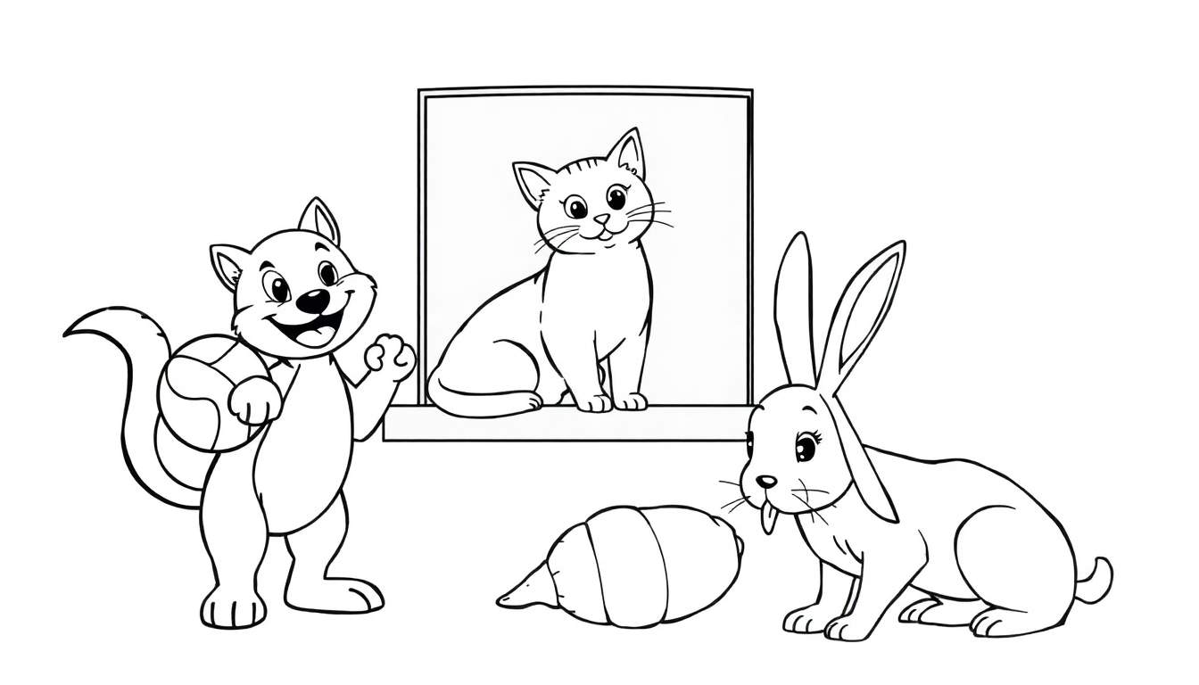 Un chat de dessin animé tenant un ballon, un autre chat assis dans une fenêtre et un lapin près d'une noisette, le tout sur un fond de color panel.