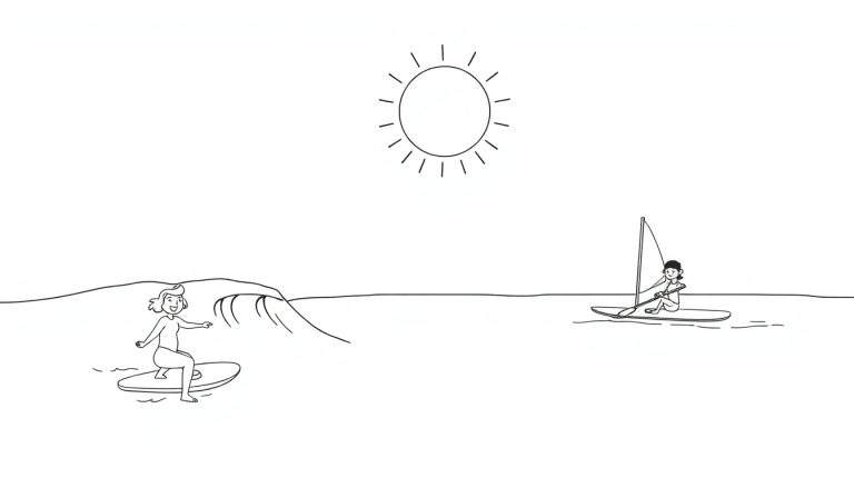 Illustration en noir et blanc d'une plage ensoleillée avec une femme faisant du paddle et une autre surfant.