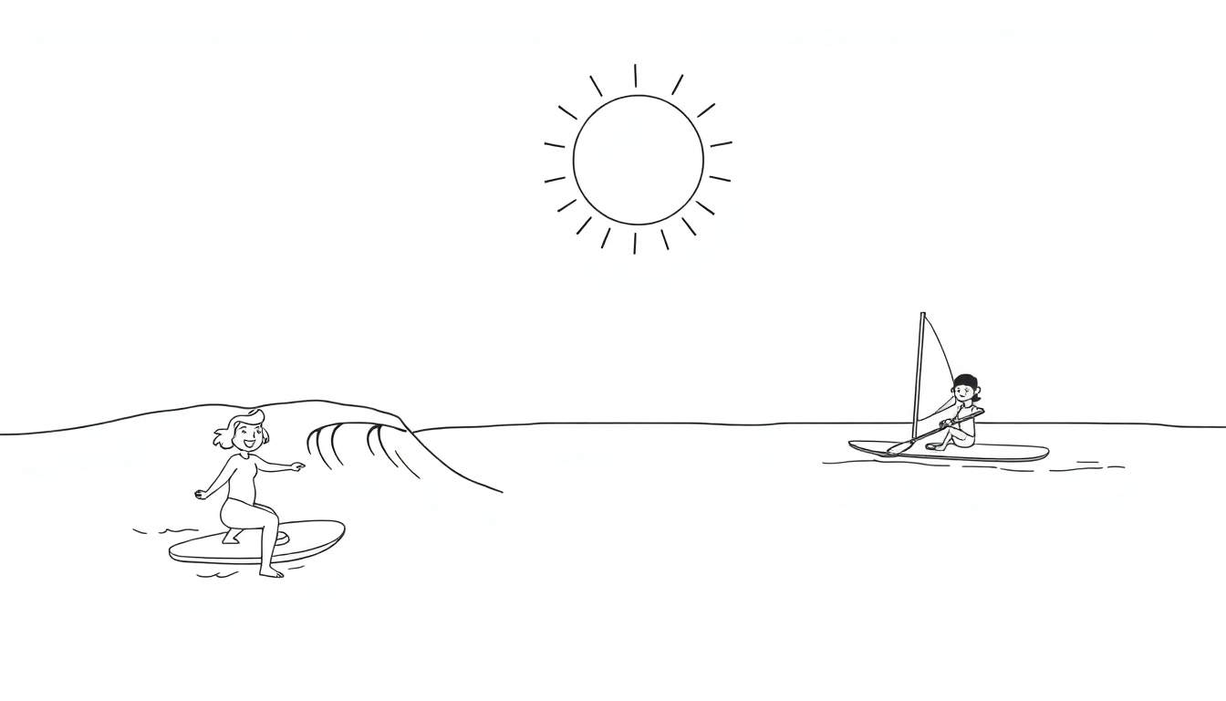Illustration en noir et blanc d'une plage ensoleillée avec une femme faisant du paddle et une autre surfant.