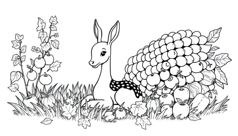 Petit cerf mignon avec un nœud papillon dans un paysage d'automne, prêt à être colorié.